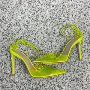 Stuart Weitzman Heel Women 7 Glam 100 Strap Pump Neon Yellow Rhinestone